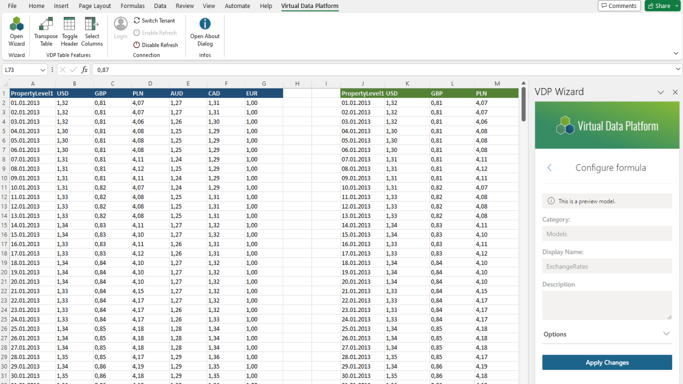 Live enterprise data in the Excel add-in